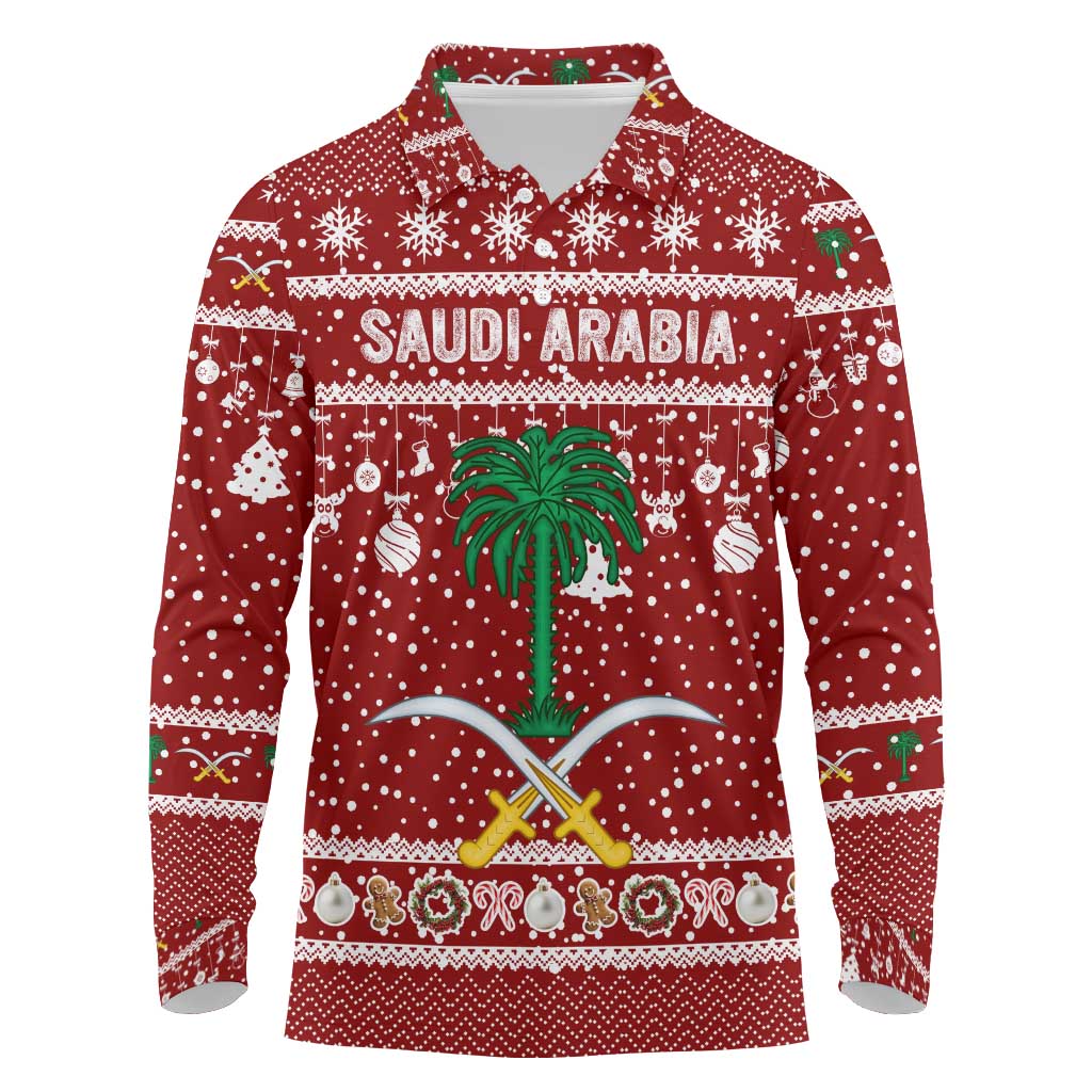 Saudi Arabia Christmas Long Sleeve Polo Shirt with Red Festive Pattern, National Emblem with Palm and Swords, and Map Motif - Wonder Print Shop