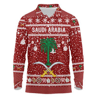 Saudi Arabia Christmas Long Sleeve Polo Shirt with Red Festive Pattern, National Emblem with Palm and Swords, and Map Motif - Wonder Print Shop