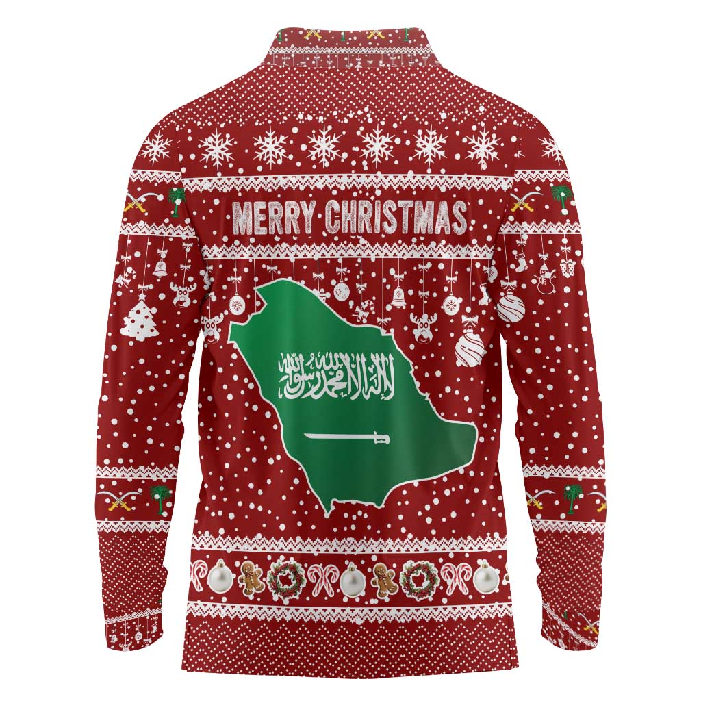 Saudi Arabia Christmas Long Sleeve Polo Shirt with Red Festive Pattern, National Emblem with Palm and Swords, and Map Motif - Wonder Print Shop