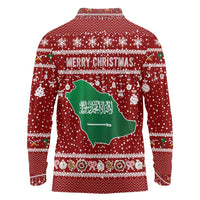Saudi Arabia Christmas Long Sleeve Polo Shirt with Red Festive Pattern, National Emblem with Palm and Swords, and Map Motif - Wonder Print Shop