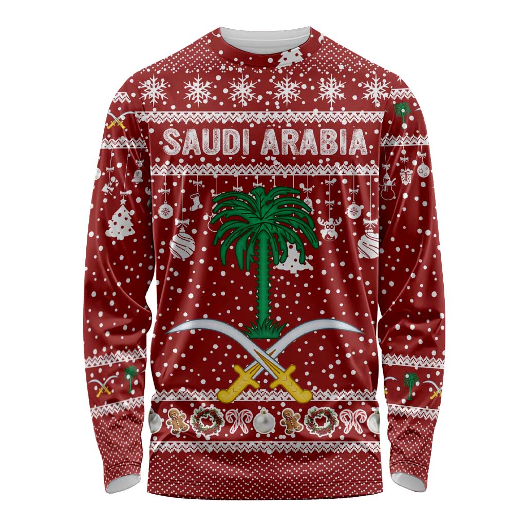 Saudi Arabia Christmas Long Sleeve Shirt with Red Festive Pattern, National Emblem with Palm and Swords, and Map Motif - Wonder Print Shop