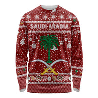Saudi Arabia Christmas Long Sleeve Shirt with Red Festive Pattern, National Emblem with Palm and Swords, and Map Motif - Wonder Print Shop