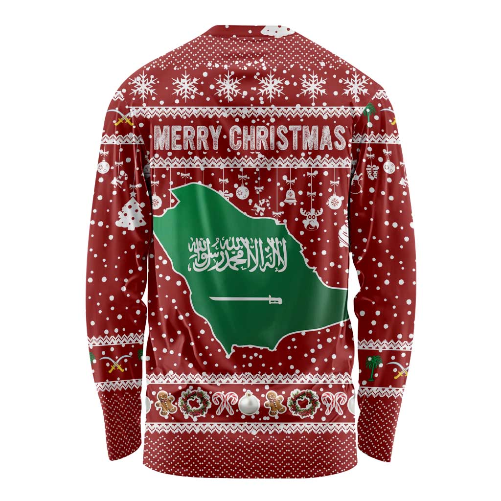 Saudi Arabia Christmas Long Sleeve Shirt with Red Festive Pattern, National Emblem with Palm and Swords, and Map Motif - Wonder Print Shop