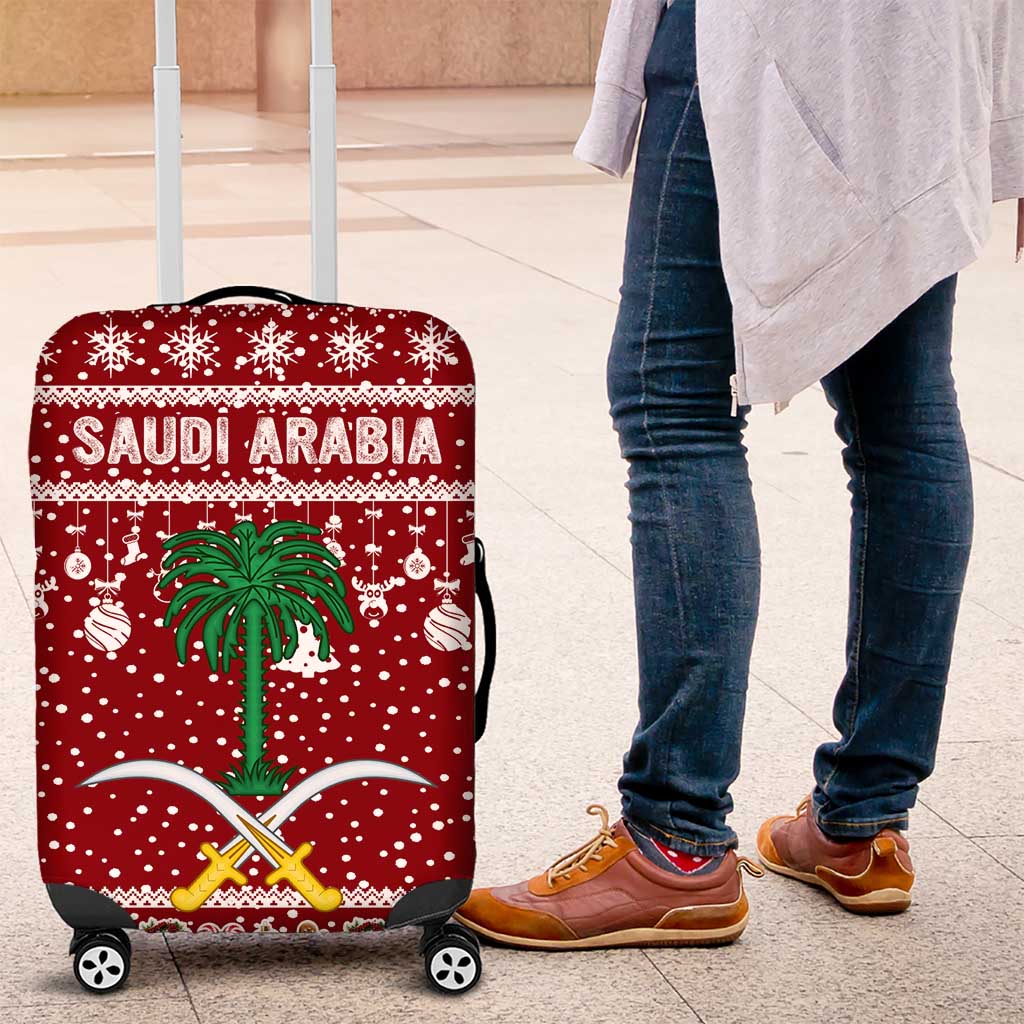 Saudi Arabia Christmas Luggage Cover with Red Festive Pattern, National Emblem with Palm and Swords, and Map Motif - Wonder Print Shop