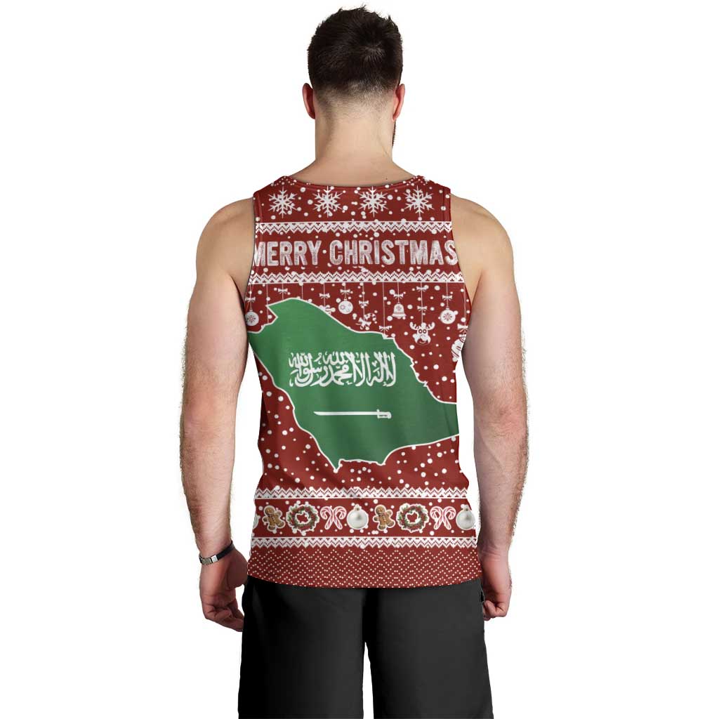 Saudi Arabia Christmas Men Tank Top with Red Festive Pattern, National Emblem with Palm and Swords, and Map Motif - Wonder Print Shop