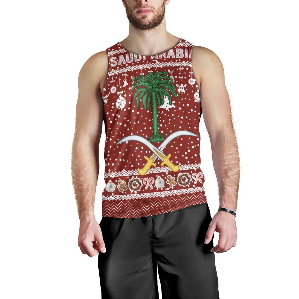 Saudi Arabia Christmas Men Tank Top with Red Festive Pattern, National Emblem with Palm and Swords, and Map Motif - Wonder Print Shop