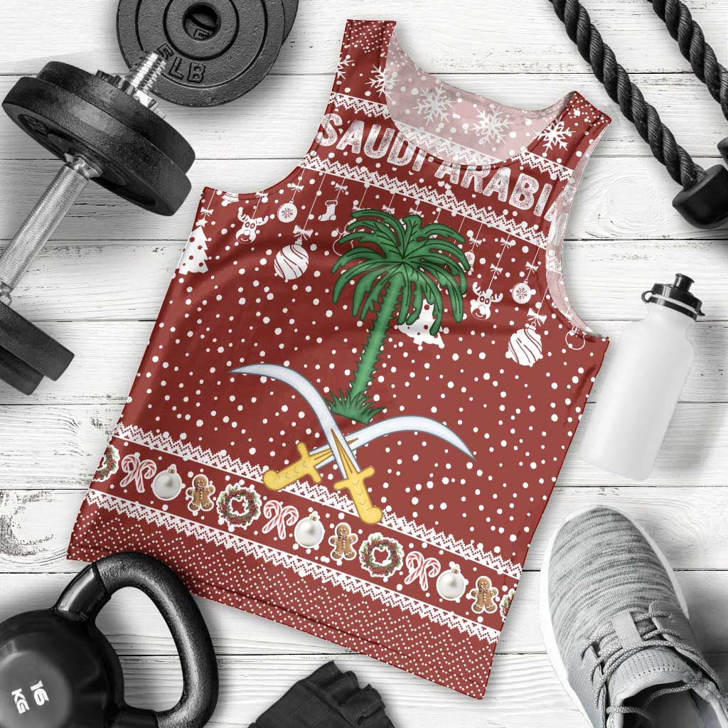 Saudi Arabia Christmas Men Tank Top with Red Festive Pattern, National Emblem with Palm and Swords, and Map Motif - Wonder Print Shop