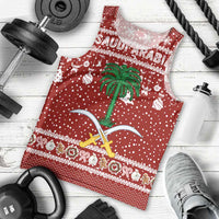 Saudi Arabia Christmas Men Tank Top with Red Festive Pattern, National Emblem with Palm and Swords, and Map Motif - Wonder Print Shop
