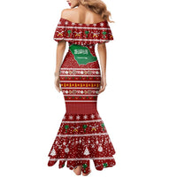 Saudi Arabia Christmas Mermaid Dress with Red Festive Pattern, National Emblem with Palm and Swords, and Map Motif - Wonder Print Shop