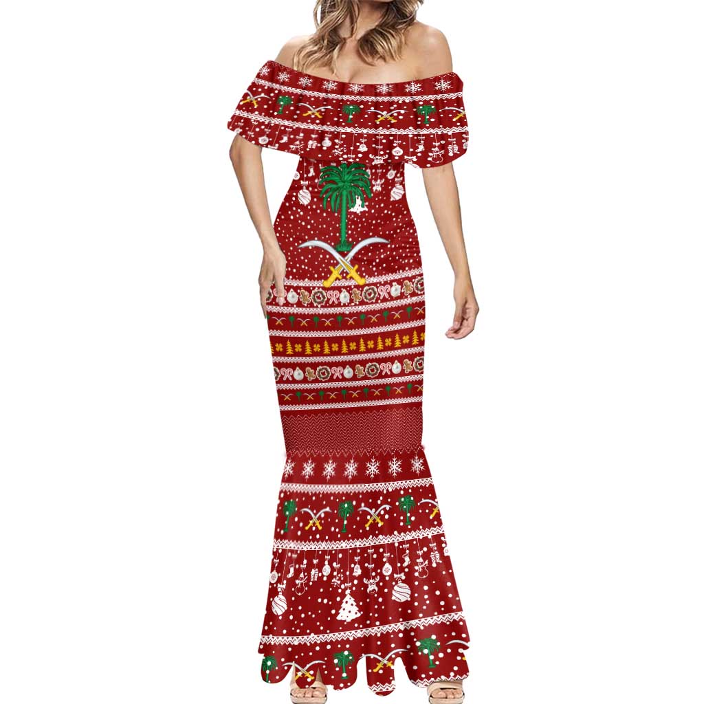 Saudi Arabia Christmas Mermaid Dress with Red Festive Pattern, National Emblem with Palm and Swords, and Map Motif - Wonder Print Shop