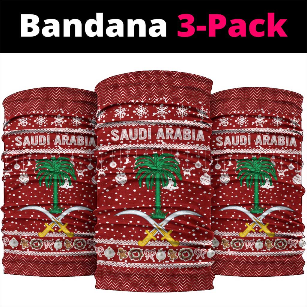 Saudi Arabia Christmas Neck Gaiter with Red Festive Pattern, National Emblem with Palm and Swords, and Map Motif - Wonder Print Shop