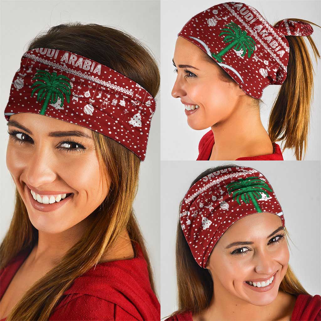 Saudi Arabia Christmas Neck Gaiter with Red Festive Pattern, National Emblem with Palm and Swords, and Map Motif - Wonder Print Shop