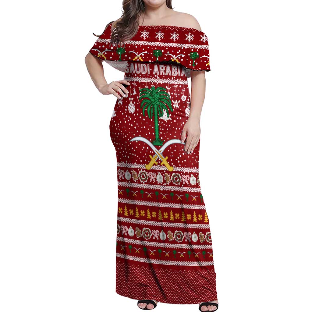 Saudi Arabia Christmas Off Shoulder Maxi Dress with Red Festive Pattern, National Emblem with Palm and Swords, and Map Motif - Wonder Print Shop
