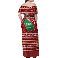 Saudi Arabia Christmas Off Shoulder Maxi Dress with Red Festive Pattern, National Emblem with Palm and Swords, and Map Motif - Wonder Print Shop