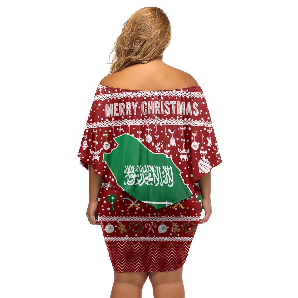 Saudi Arabia Christmas Off Shoulder Short Dress with Red Festive Pattern, National Emblem with Palm and Swords, and Map Motif - Wonder Print Shop