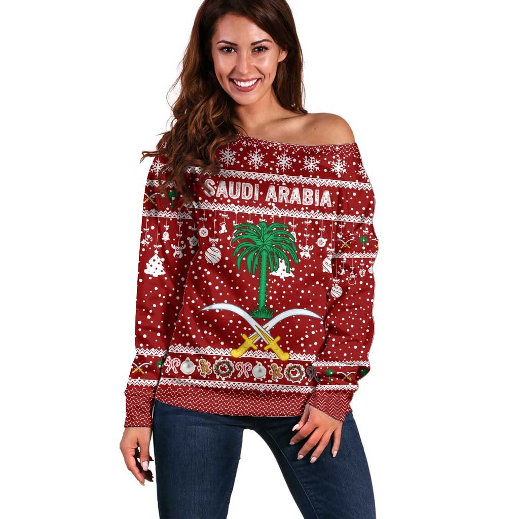 Saudi Arabia Christmas Off Shoulder Sweater with Red Festive Pattern, National Emblem with Palm and Swords, and Map Motif - Wonder Print Shop