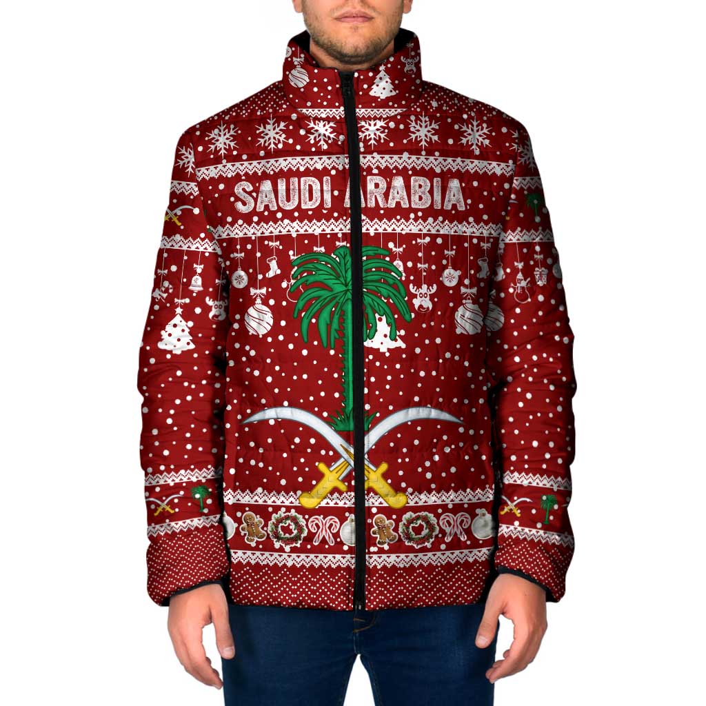 Saudi Arabia Christmas Padded Jacket with Red Festive Pattern, National Emblem with Palm and Swords, and Map Motif - Wonder Print Shop