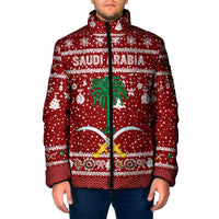 Saudi Arabia Christmas Padded Jacket with Red Festive Pattern, National Emblem with Palm and Swords, and Map Motif - Wonder Print Shop