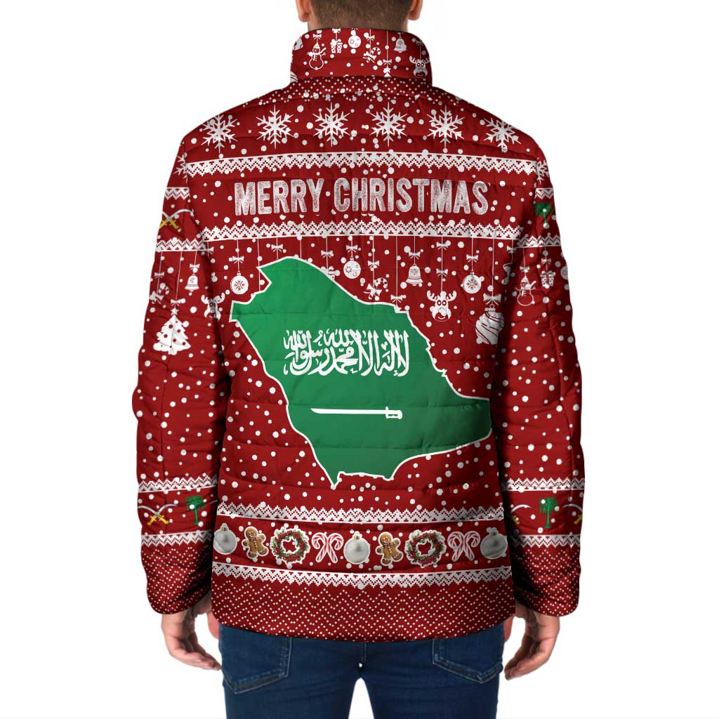 Saudi Arabia Christmas Padded Jacket with Red Festive Pattern, National Emblem with Palm and Swords, and Map Motif - Wonder Print Shop