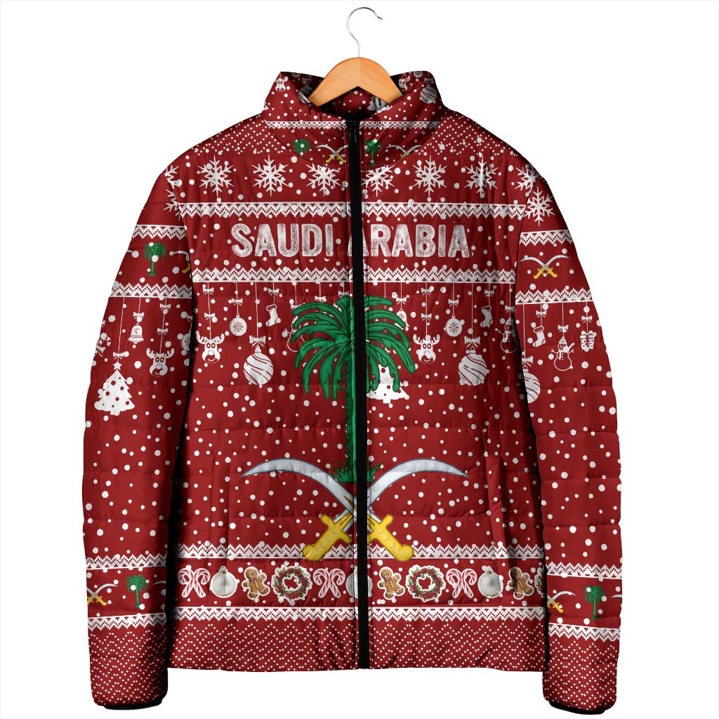 Saudi Arabia Christmas Padded Jacket with Red Festive Pattern, National Emblem with Palm and Swords, and Map Motif - Wonder Print Shop