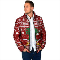 Saudi Arabia Christmas Padded Jacket with Red Festive Pattern, National Emblem with Palm and Swords, and Map Motif - Wonder Print Shop