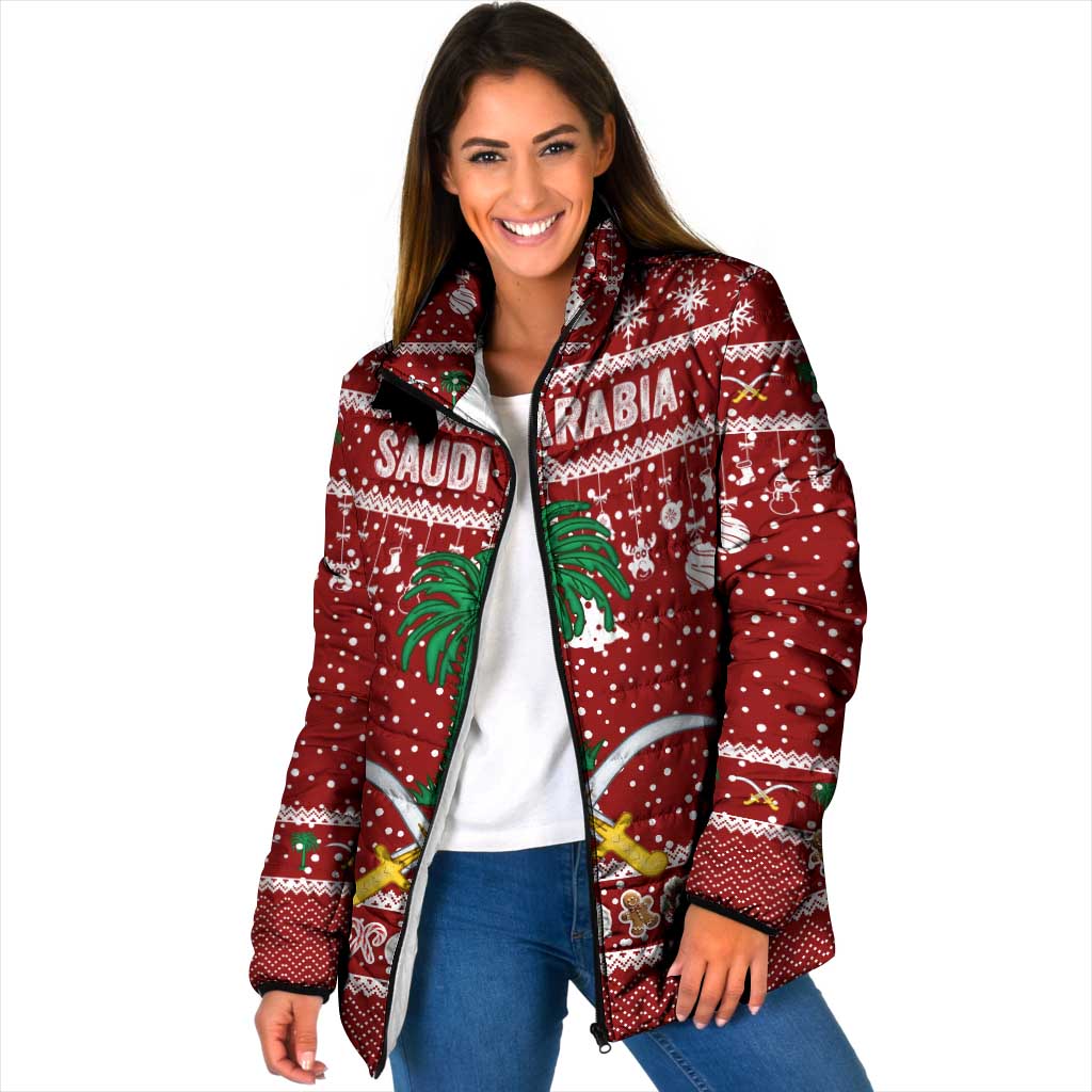Saudi Arabia Christmas Padded Jacket with Red Festive Pattern, National Emblem with Palm and Swords, and Map Motif - Wonder Print Shop