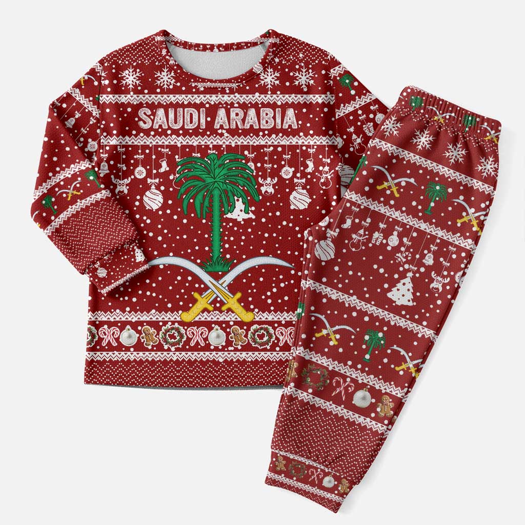 Saudi Arabia Christmas Pajama Set with Red Festive Pattern, National Emblem with Palm and Swords, and Map Motif - Wonder Print Shop