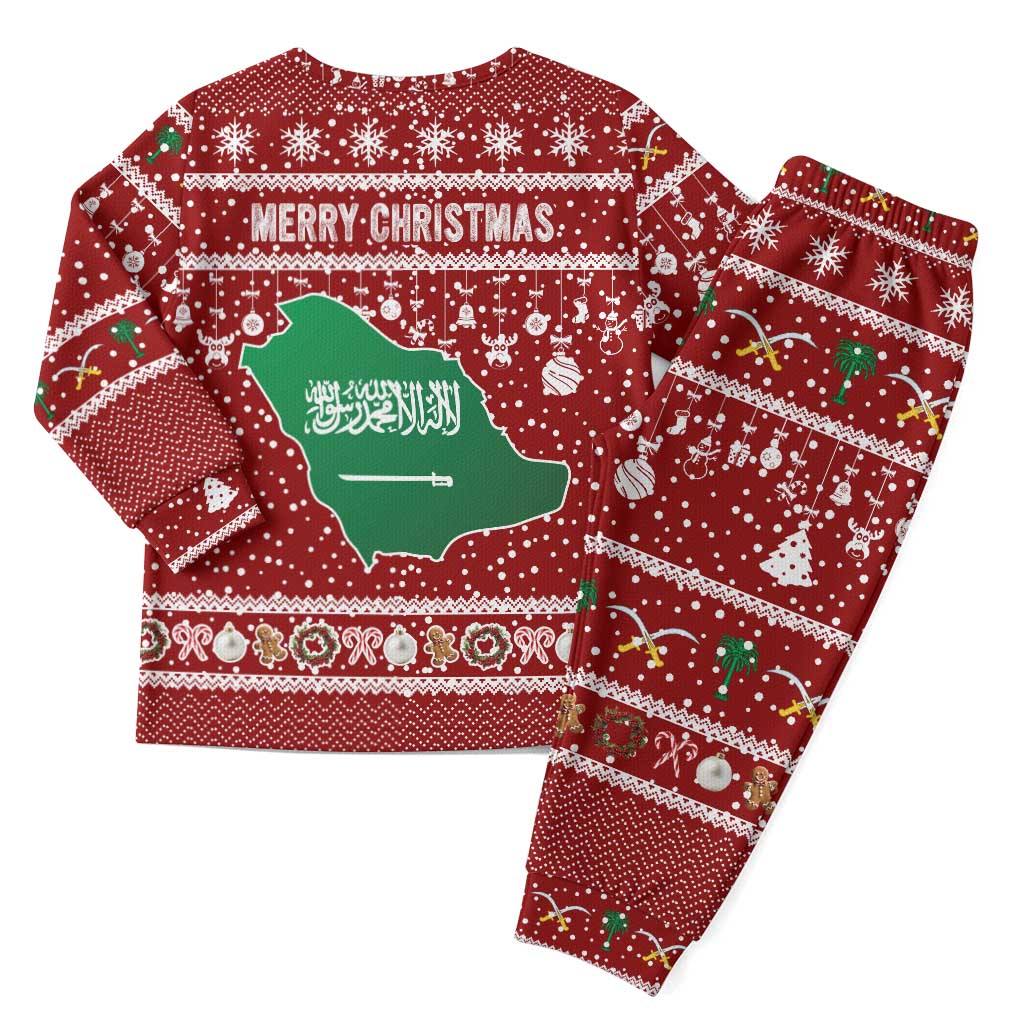 Saudi Arabia Christmas Pajama Set with Red Festive Pattern, National Emblem with Palm and Swords, and Map Motif - Wonder Print Shop