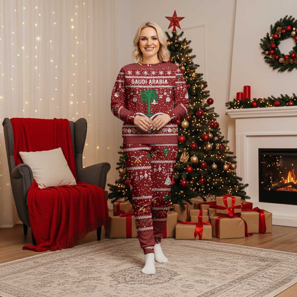 Saudi Arabia Christmas Pajama Set with Red Festive Pattern, National Emblem with Palm and Swords, and Map Motif - Wonder Print Shop
