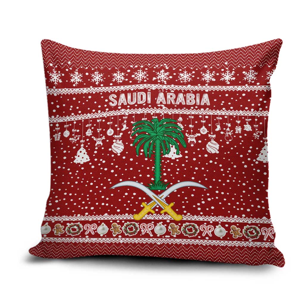 Saudi Arabia Christmas Pillow Cover with Red Festive Pattern, National Emblem with Palm and Swords, and Map Motif - Wonder Print Shop