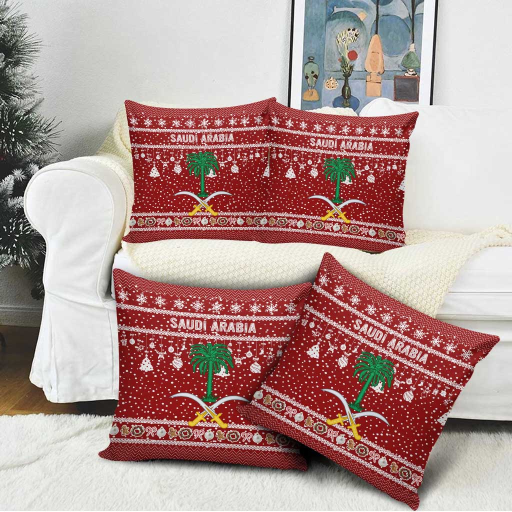 Saudi Arabia Christmas Pillow Cover with Red Festive Pattern, National Emblem with Palm and Swords, and Map Motif - Wonder Print Shop
