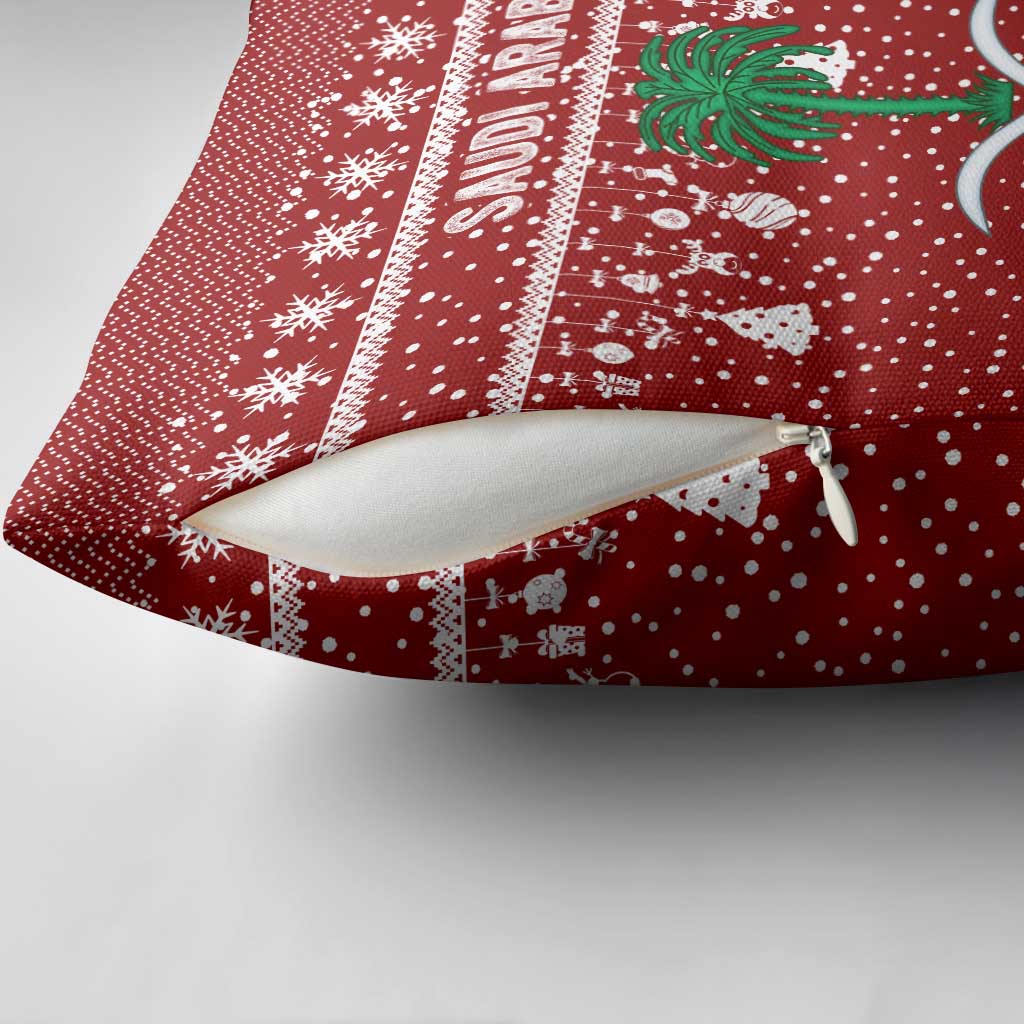 Saudi Arabia Christmas Pillow Cover with Red Festive Pattern, National Emblem with Palm and Swords, and Map Motif - Wonder Print Shop