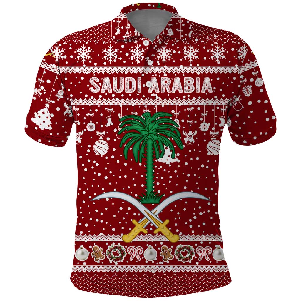Saudi Arabia Christmas Polo Shirt with Red Festive Pattern, National Emblem with Palm and Swords, and Map Motif - Wonder Print Shop