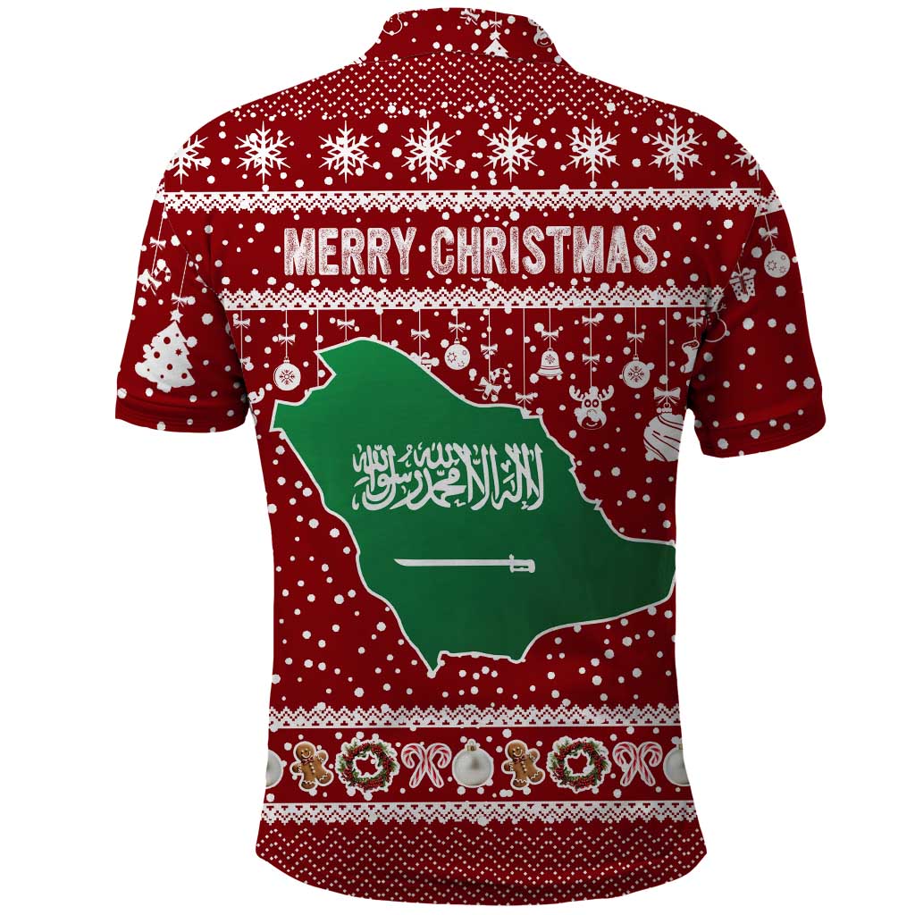 Saudi Arabia Christmas Polo Shirt with Red Festive Pattern, National Emblem with Palm and Swords, and Map Motif - Wonder Print Shop