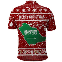 Saudi Arabia Christmas Polo Shirt with Red Festive Pattern, National Emblem with Palm and Swords, and Map Motif - Wonder Print Shop