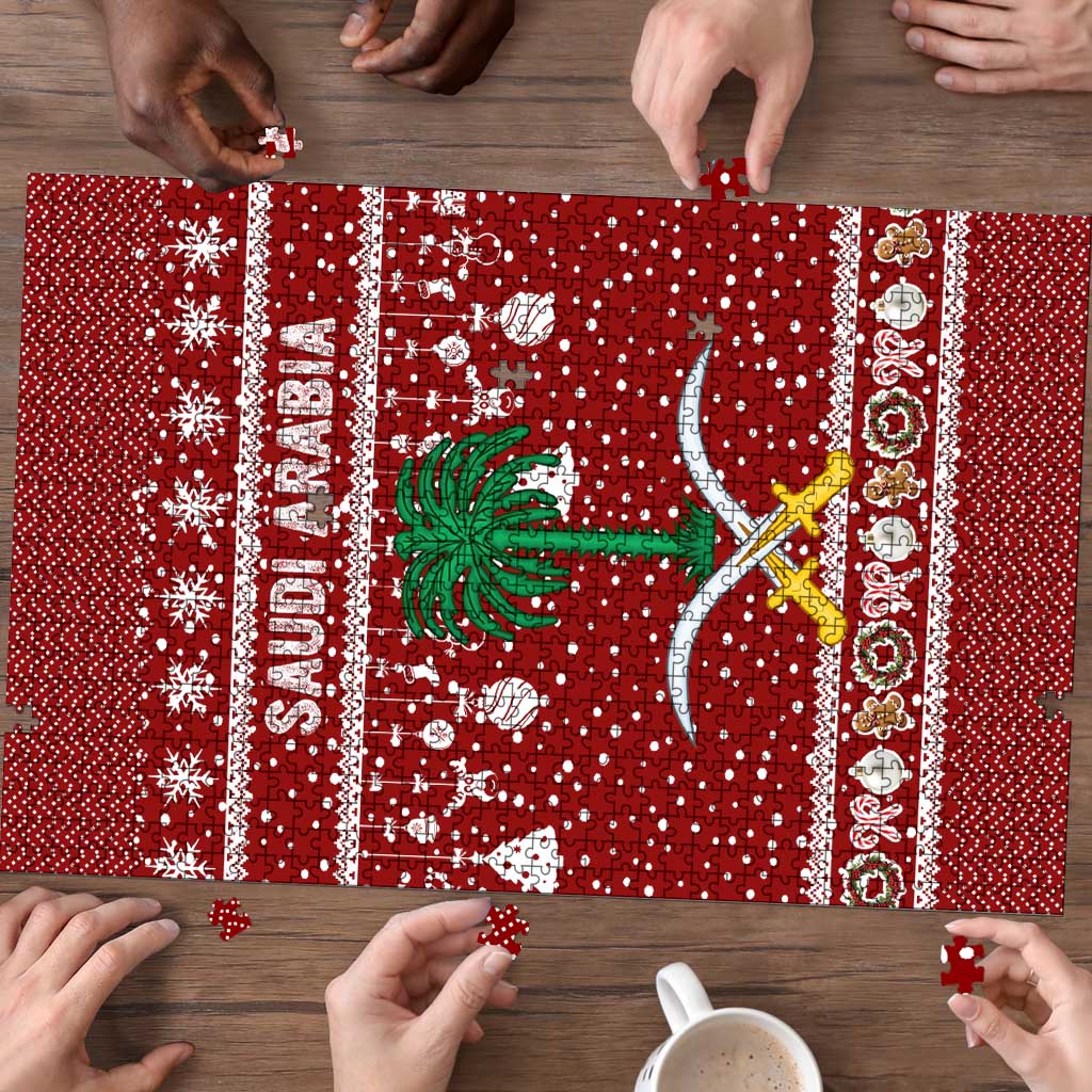 Saudi Arabia Christmas Puzzle with Red Festive Pattern, National Emblem with Palm and Swords, and Map Motif - Wonder Print Shop