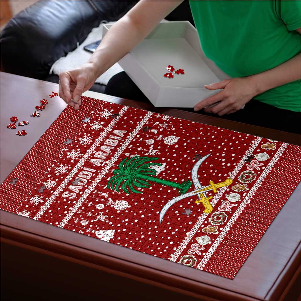 Saudi Arabia Christmas Puzzle with Red Festive Pattern, National Emblem with Palm and Swords, and Map Motif - Wonder Print Shop