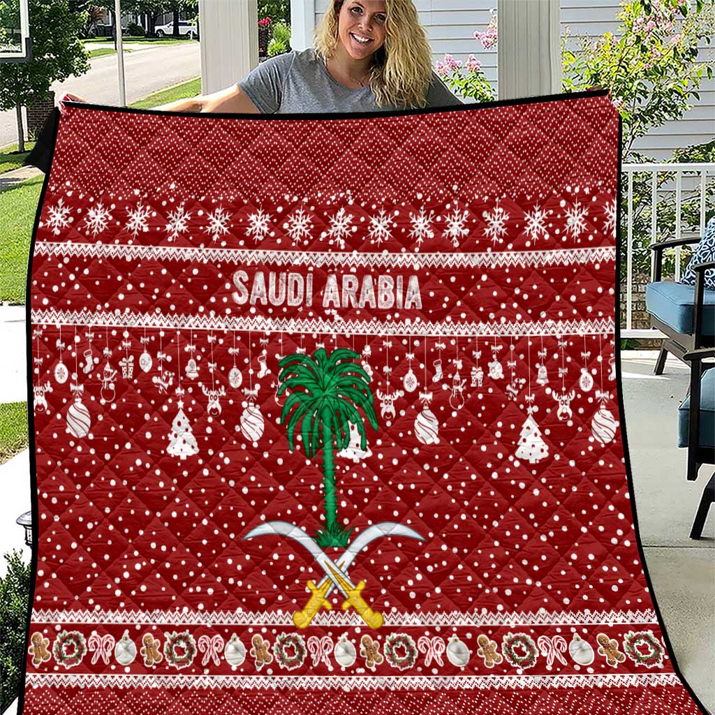 Saudi Arabia Christmas Quilt with Red Festive Pattern, National Emblem with Palm and Swords, and Map Motif - Wonder Print Shop