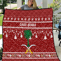 Saudi Arabia Christmas Quilt with Red Festive Pattern, National Emblem with Palm and Swords, and Map Motif - Wonder Print Shop