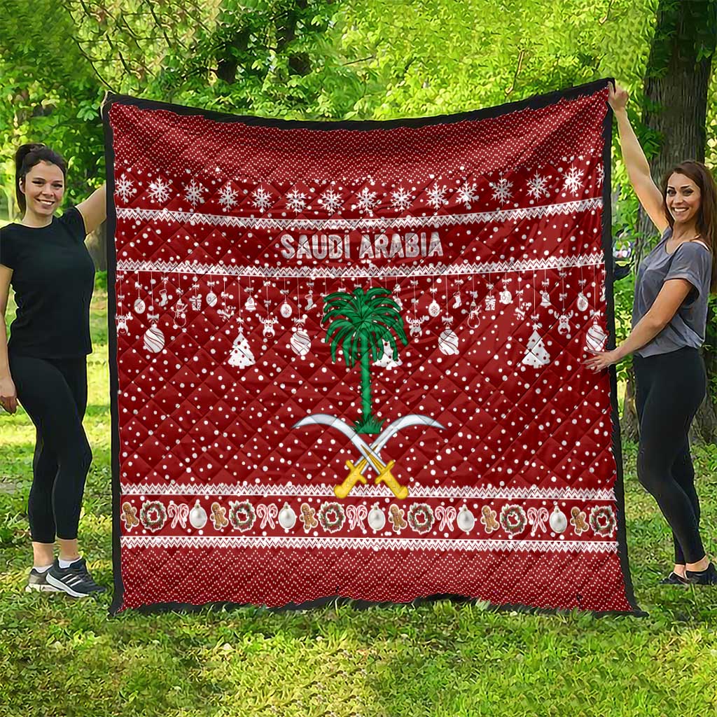 Saudi Arabia Christmas Quilt with Red Festive Pattern, National Emblem with Palm and Swords, and Map Motif - Wonder Print Shop