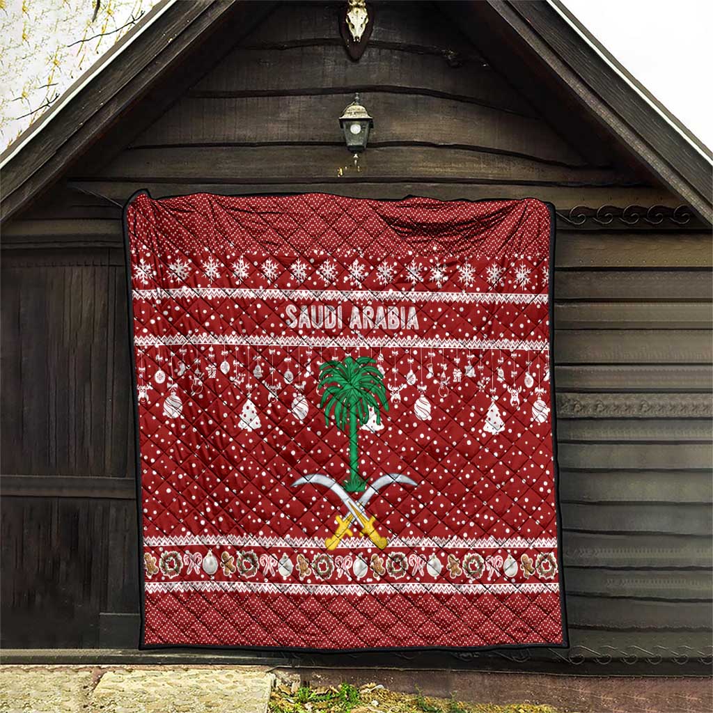 Saudi Arabia Christmas Quilt with Red Festive Pattern, National Emblem with Palm and Swords, and Map Motif - Wonder Print Shop