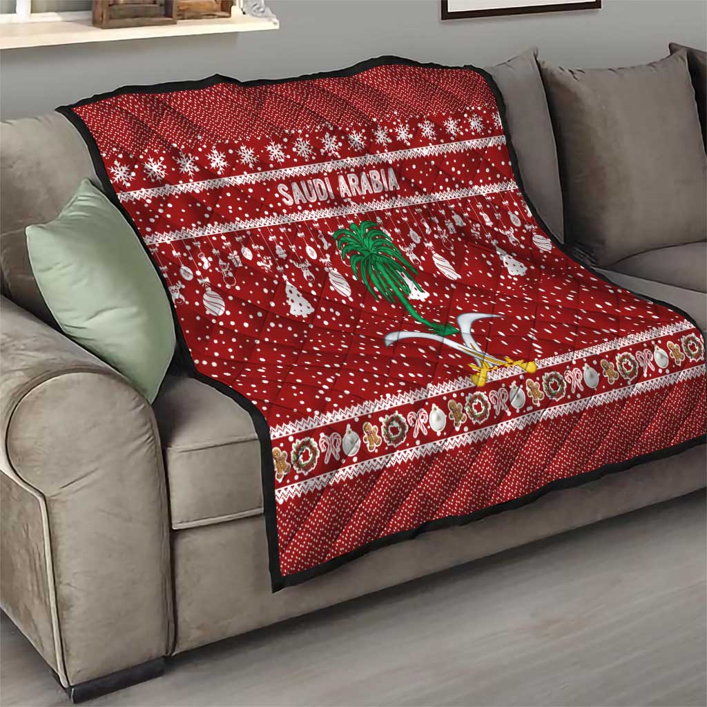 Saudi Arabia Christmas Quilt with Red Festive Pattern, National Emblem with Palm and Swords, and Map Motif - Wonder Print Shop