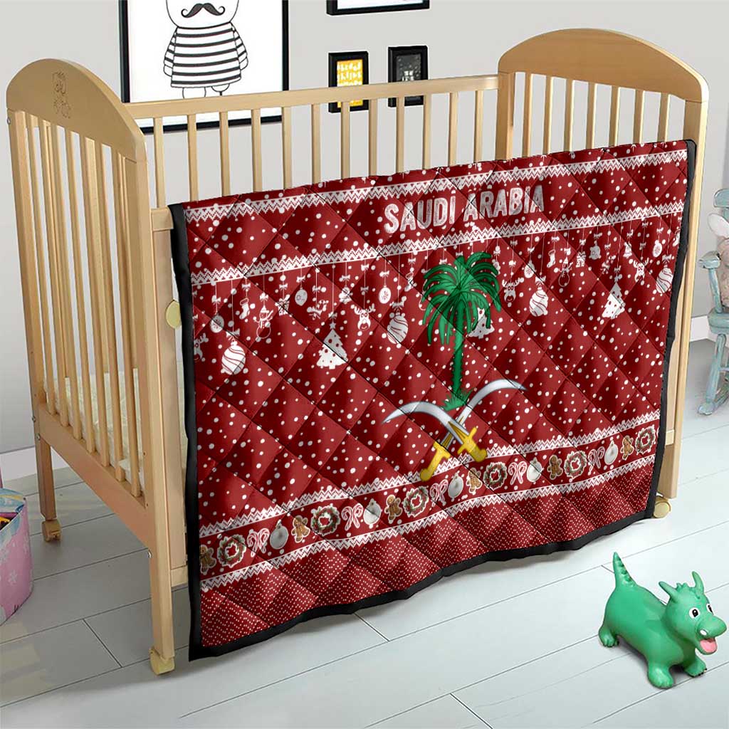 Saudi Arabia Christmas Quilt with Red Festive Pattern, National Emblem with Palm and Swords, and Map Motif - Wonder Print Shop