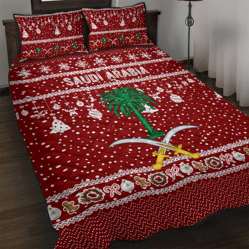Saudi Arabia Christmas Quilt Bed Set with Red Festive Pattern, National Emblem with Palm and Swords, and Map Motif - Wonder Print Shop