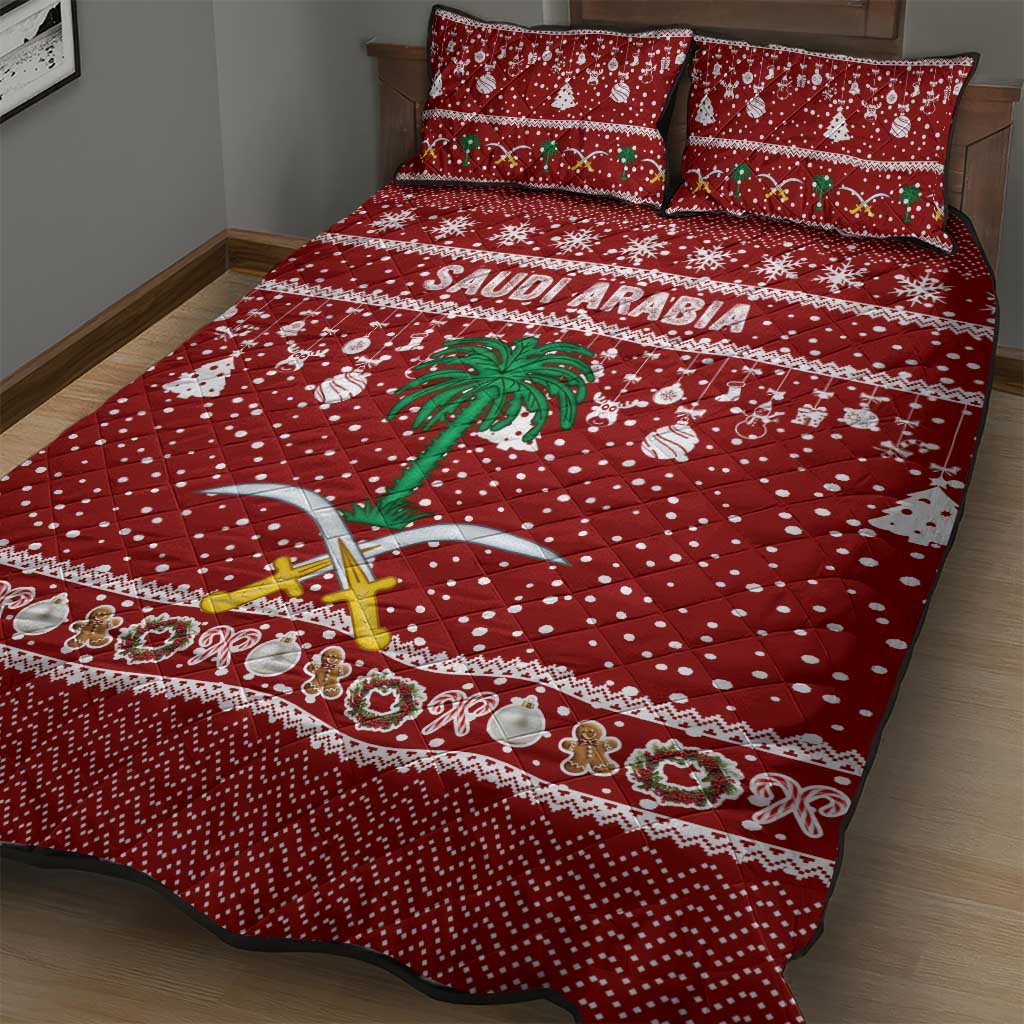 Saudi Arabia Christmas Quilt Bed Set with Red Festive Pattern, National Emblem with Palm and Swords, and Map Motif - Wonder Print Shop