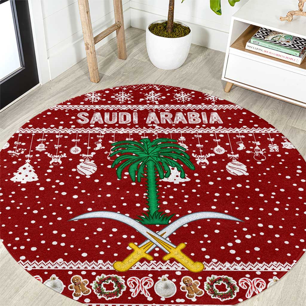 Saudi Arabia Christmas Round Carpet with Red Festive Pattern, National Emblem with Palm and Swords, and Map Motif - Wonder Print Shop
