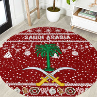 Saudi Arabia Christmas Round Carpet with Red Festive Pattern, National Emblem with Palm and Swords, and Map Motif - Wonder Print Shop