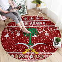 Saudi Arabia Christmas Round Carpet with Red Festive Pattern, National Emblem with Palm and Swords, and Map Motif - Wonder Print Shop