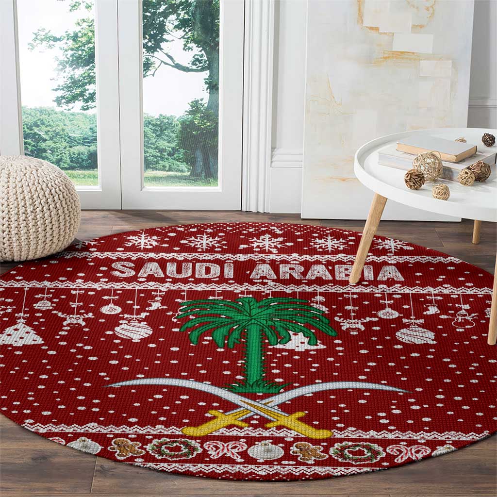 Saudi Arabia Christmas Round Carpet with Red Festive Pattern, National Emblem with Palm and Swords, and Map Motif - Wonder Print Shop