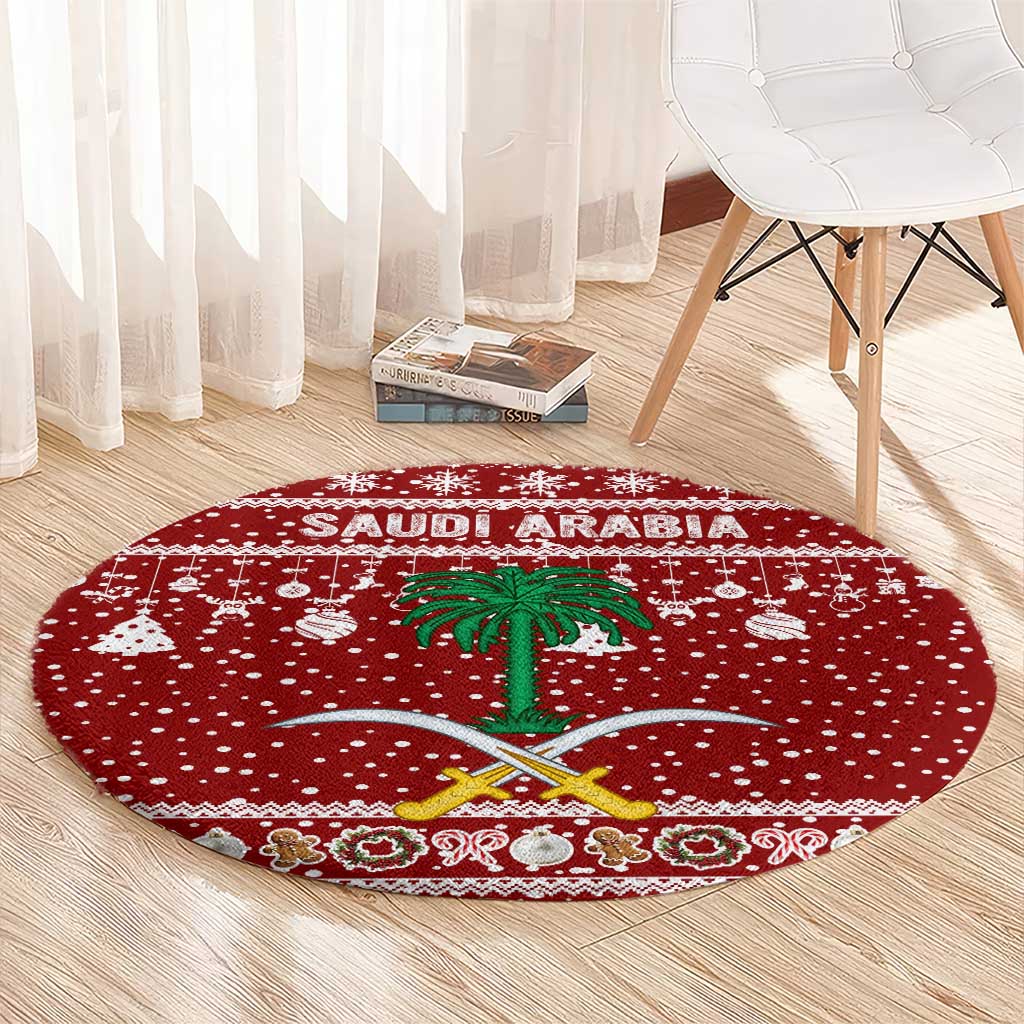 Saudi Arabia Christmas Round Carpet with Red Festive Pattern, National Emblem with Palm and Swords, and Map Motif - Wonder Print Shop
